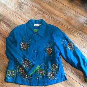 Anage Peacock beaded Embroidered Blue Jacket